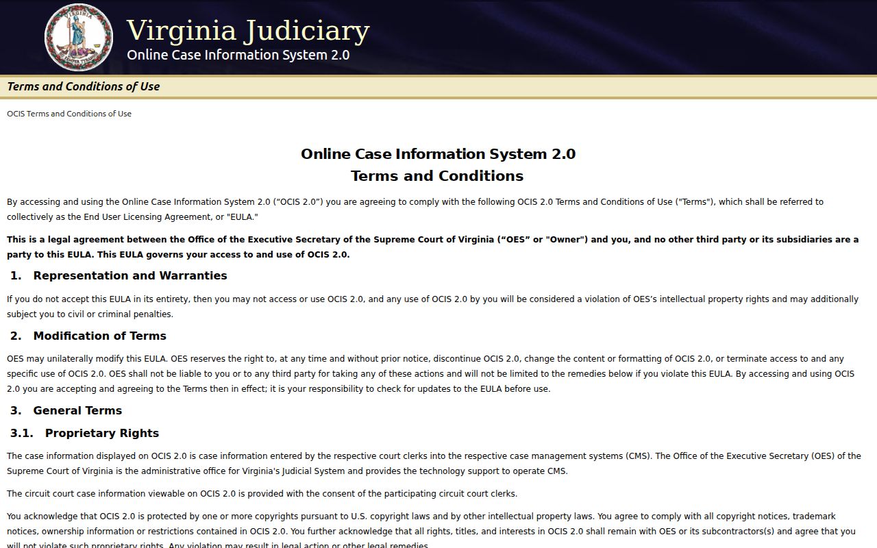 Virginia statewide OCIS court case search screen
