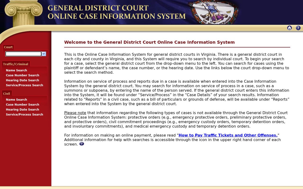 Virginia General District Court locality selector for case searches