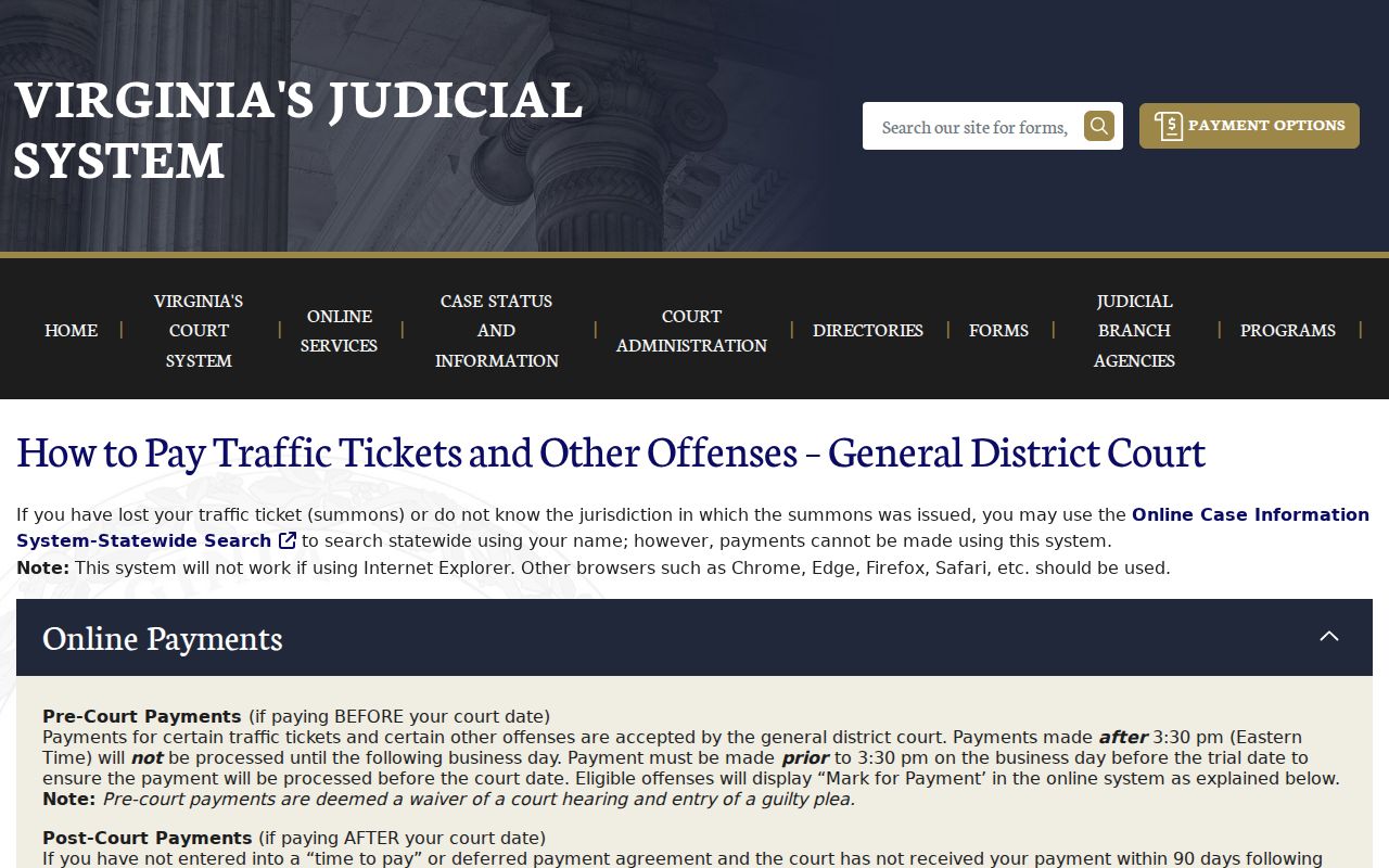 Virginia General District Court traffic payment instructions