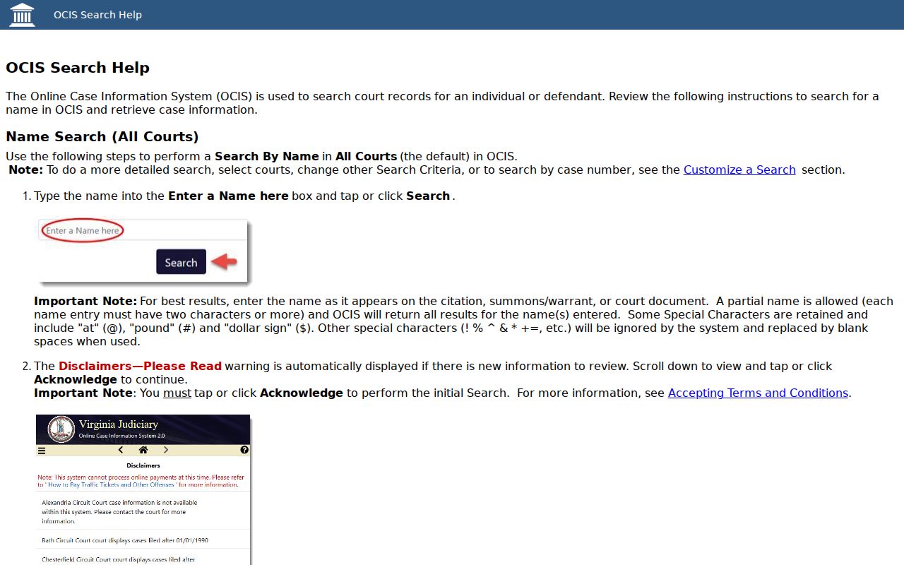 Official OCIS help page showing court search fields