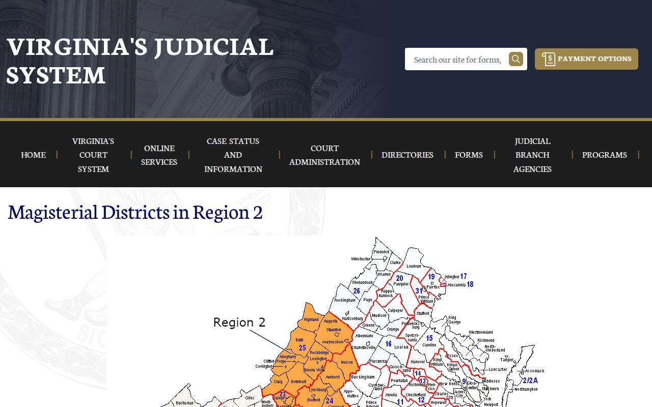 Virginia Courts Region 2 map showing District 22 magistrate service area