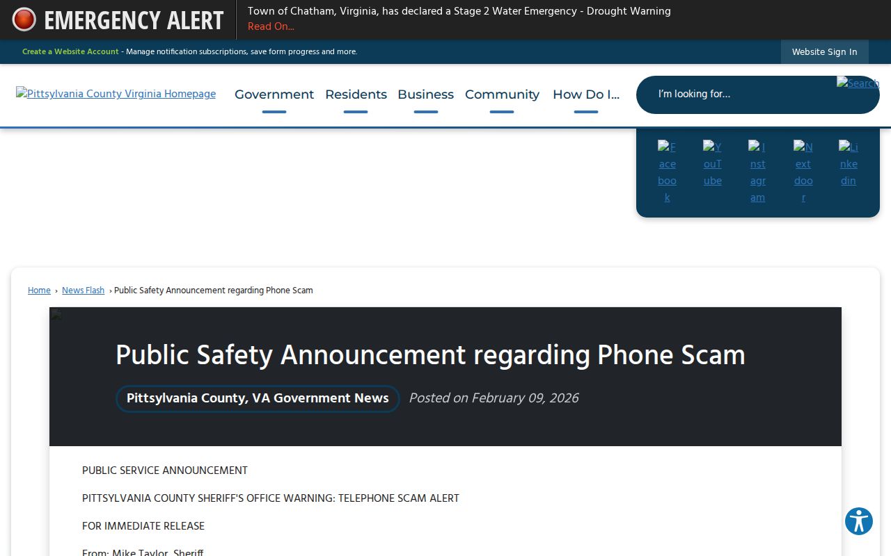 Pittsylvania County Sheriff's 2026 phone scam warning
