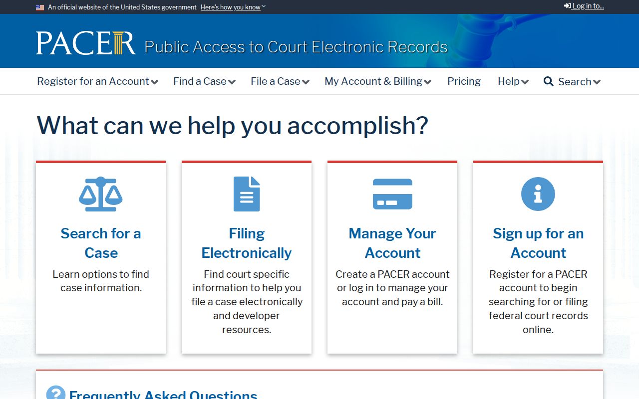 Official PACER federal docket access landing page